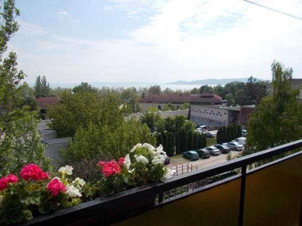 a balcony with flowers and a parking lot with cars at Liliom Apartments Balatonfüred in Balatonfüred