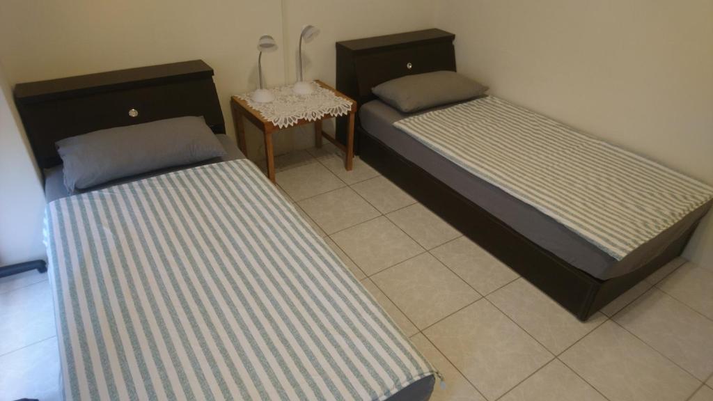 a room with two beds and a table at Train Hostel in Chaozhou