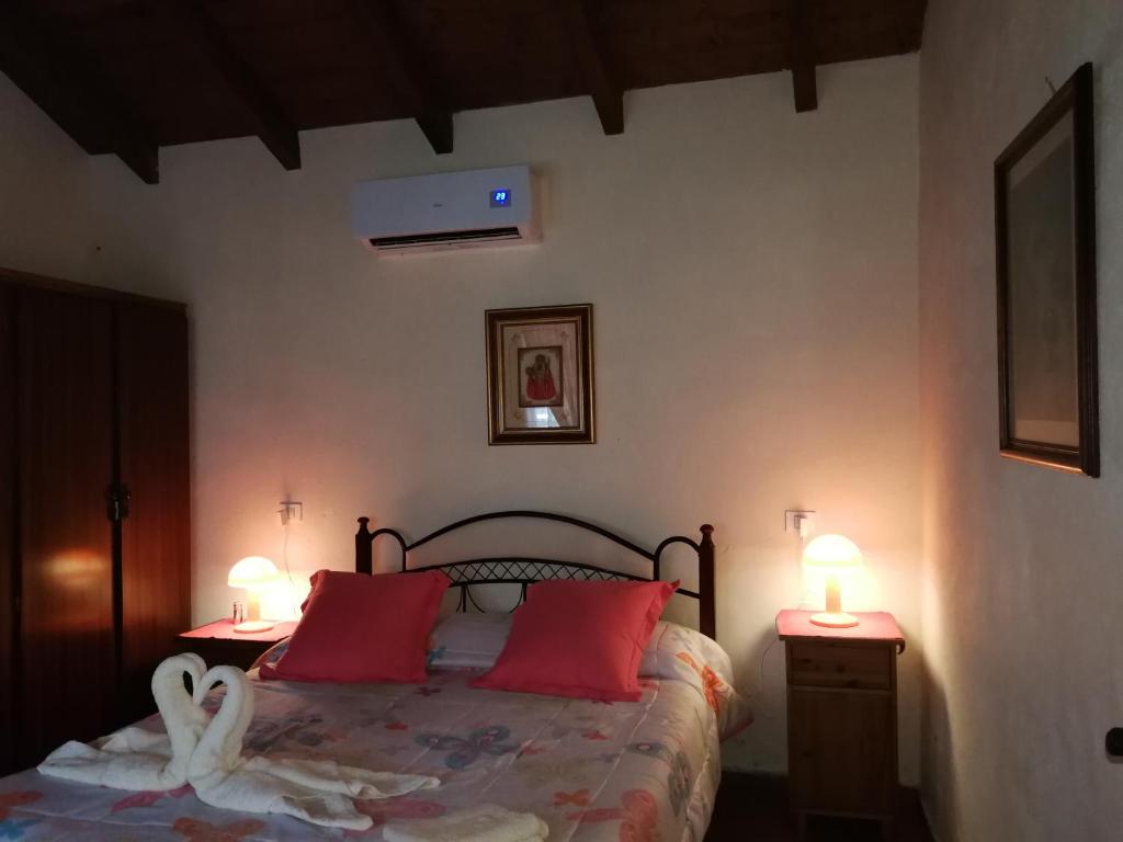 a bedroom with a bed with red pillows and two lamps at Casa Rural Cho Agustin in Erjos-El Tanque