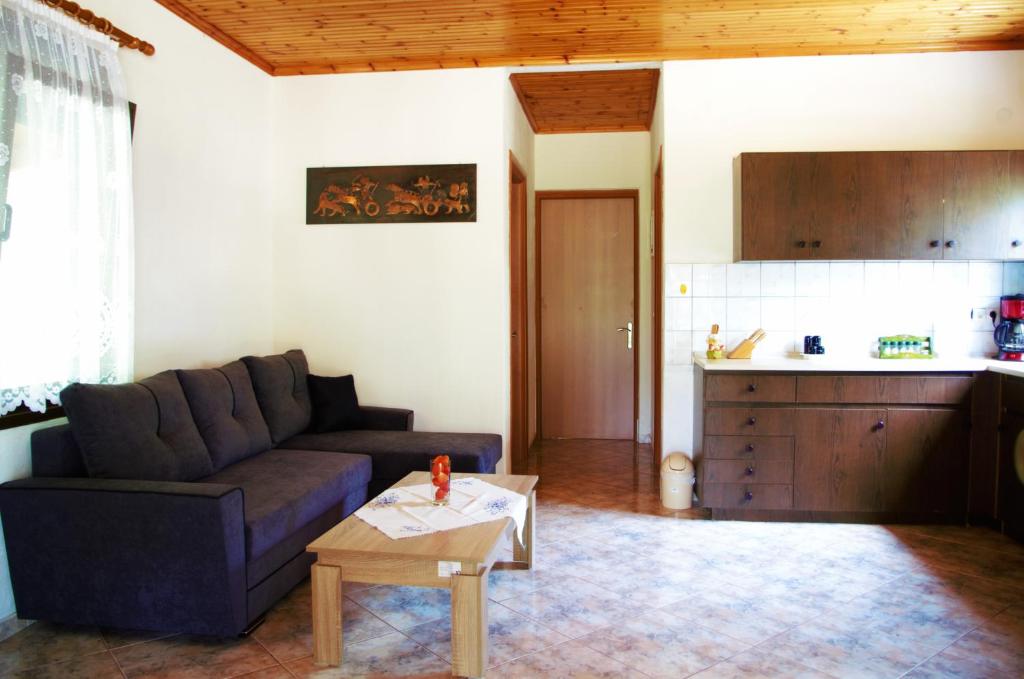Ktima Elia في سكالا سوتيروس: غرفة معيشة مع أريكة وطاولة