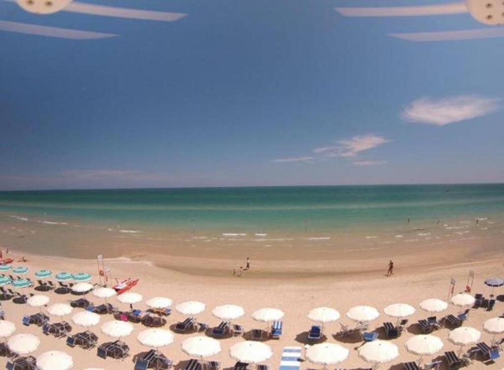 una spiaggia sabbiosa con ombrelloni e l'oceano di Hotel Corfù a Pineto