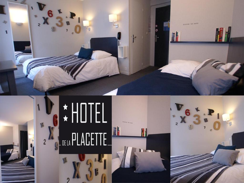 a bedroom with two beds and a hotel apartment with alphabet wall decals at Hotel de la Placette Barcelonnette in Barcelonnette