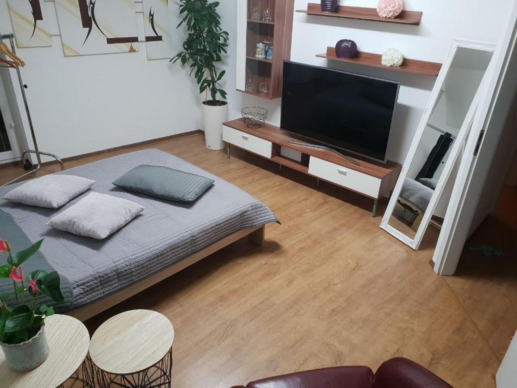 sala de estar con cama y TV de pantalla plana en Gemütliches Zimmer mit eigenem Bad/WC/Küche, en Kassel