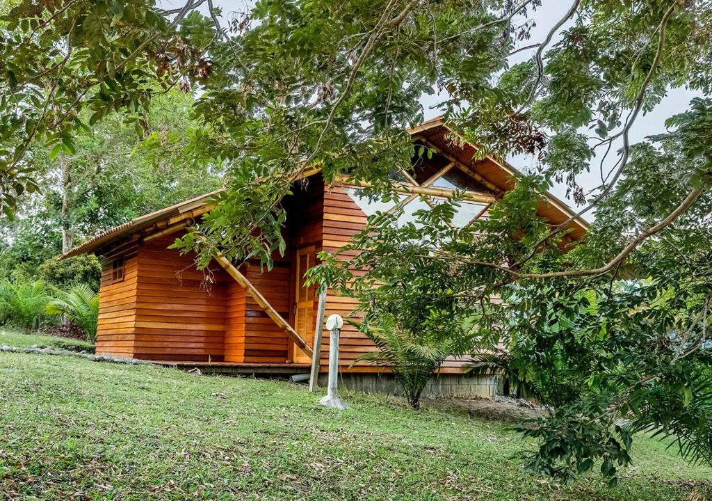 una cabaña de madera en medio de un bosque en HuasaiWasi Ecolodge, en Tarapoto