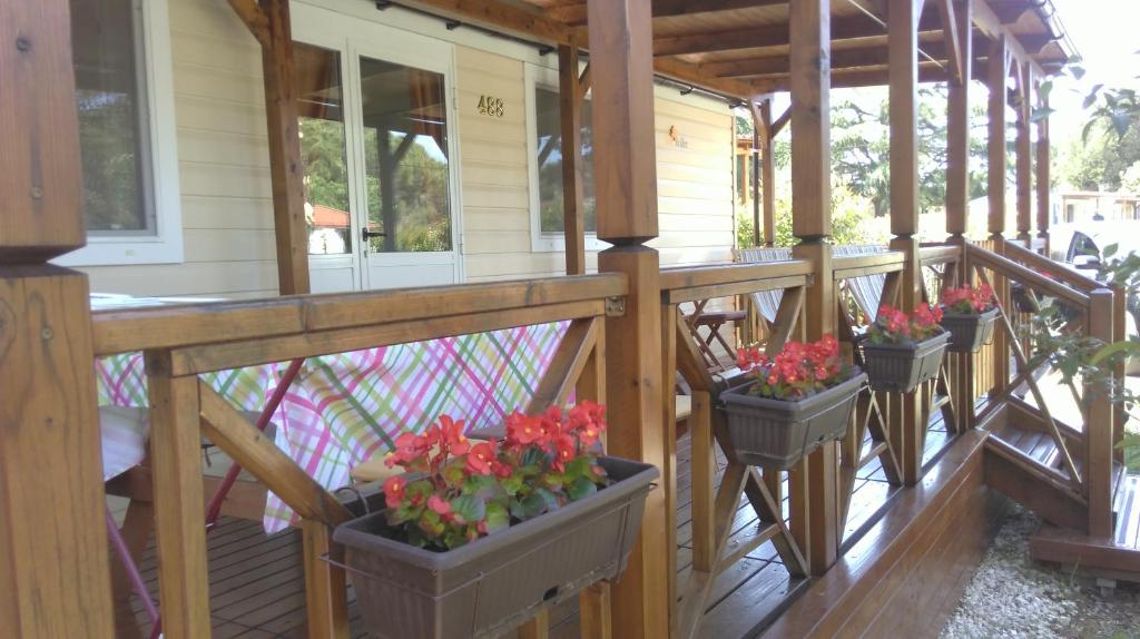 une terrasse couverte avec plusieurs plantes en pot dans l'établissement Mobile Home Cinzia, à Pula