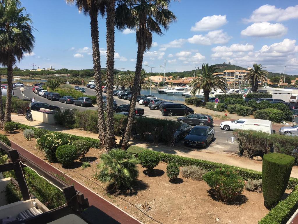 - une vue sur un parking avec des palmiers et des voitures dans l'établissement Village Naturiste Agde, au Cap d'Agde
