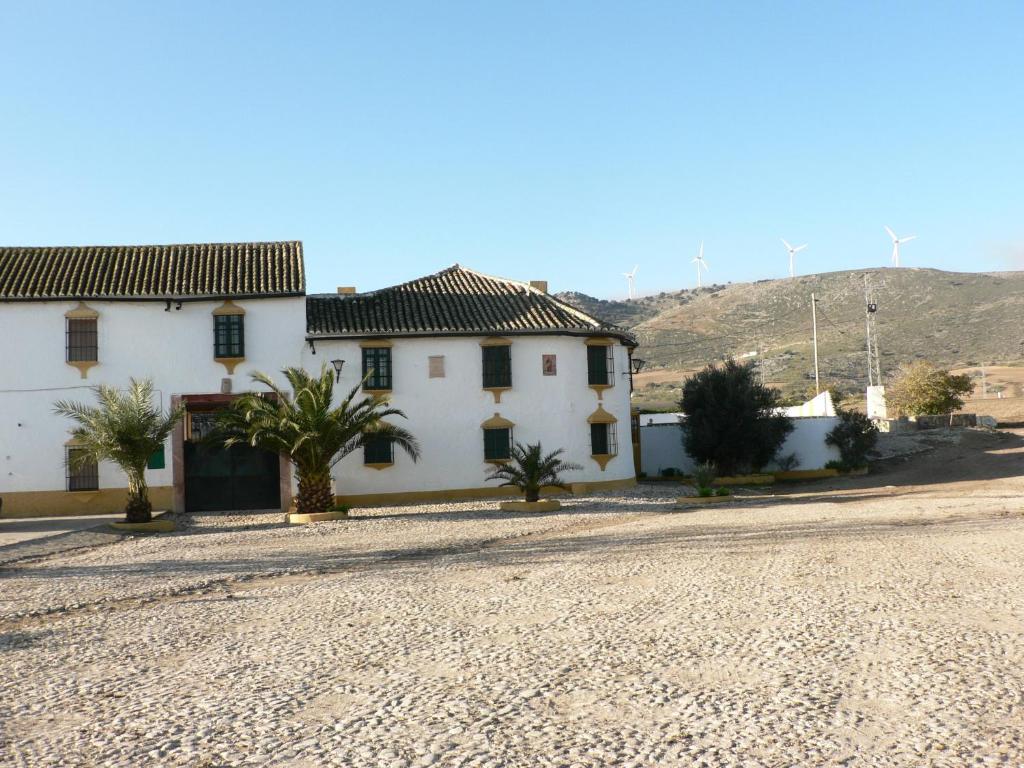 a white house with palm trees in front of a gravel road at Cortijo la Colá in Cañete la Real