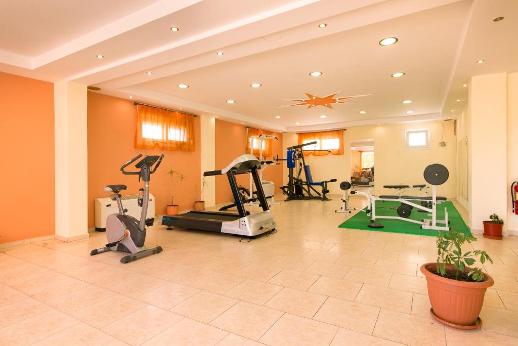 a gym with treadmills and exercise equipment in a room at Hotel Diamond in Limenaria