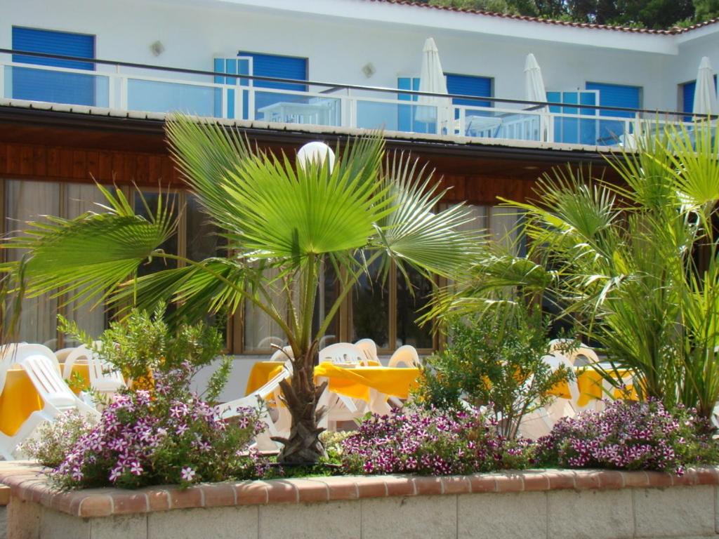 a resort with tables and chairs and palm trees at Baia del Sole in Paestum