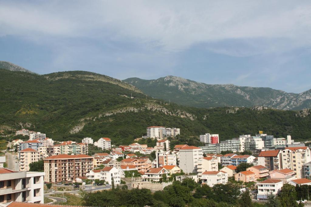 vistas a una ciudad con montañas en el fondo en Apartments Bečić, en Budva