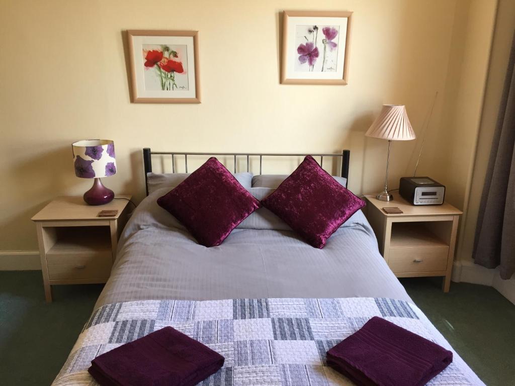 インバネスにあるReay Street Apartmentのベッドルーム1室(紫色の枕2つ付きのベッド1台付)