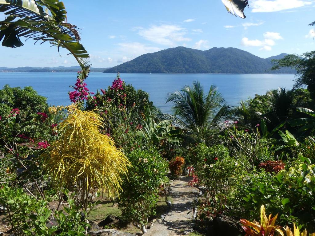 a garden with a view of the water at Picalélouba in Nosy Komba
