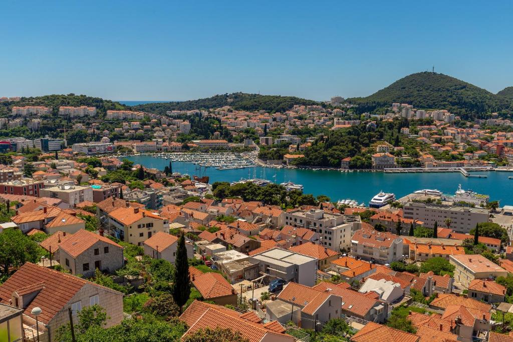 an aerial view of a city with a harbor at Apartment Horizon in Dubrovnik