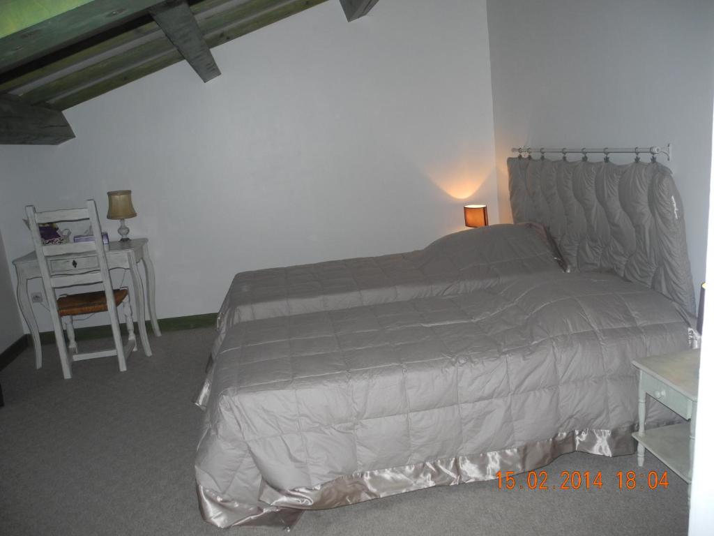 Saint-Fortunat-sur-Eyrieuxにあるmondonlehautのベッドルーム1室(銀製の掛け布団付きのベッド1台付)