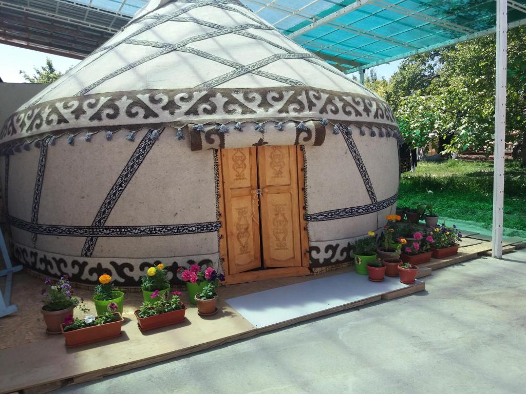 una piccola casa con piante in vaso e una porta di Macedon Guest House a Barskoon