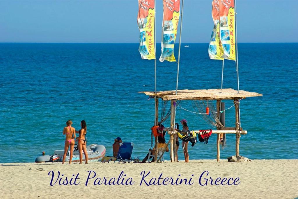 un grupo de personas en la playa cerca del agua en Smell Sea, en Paralia Katerinis