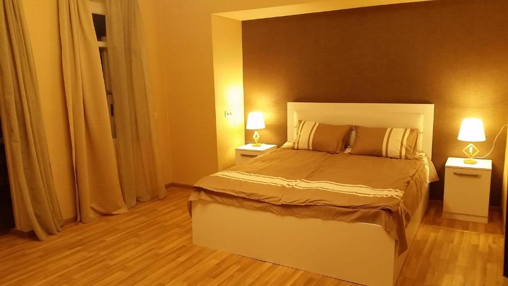 ein Schlafzimmer mit einem Bett mit zwei Lampen an zwei Tischen in der Unterkunft Manana Appartment in Tbilisi City