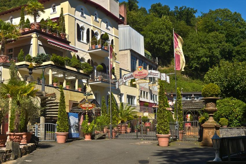 a building with potted plants in front of it at Alte Brauerei Kasbachtal in Kasbach-Ohlenberg