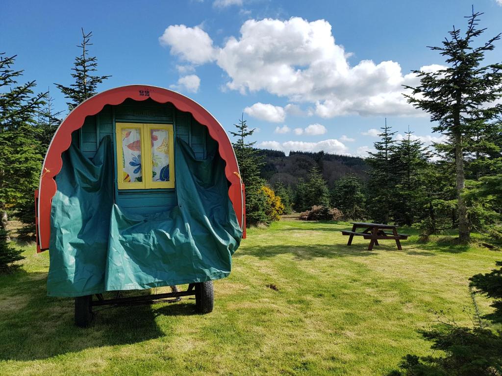 a small tent in a field with a picnic table at Clissmann Horse Caravans Glamping in Rathdrum