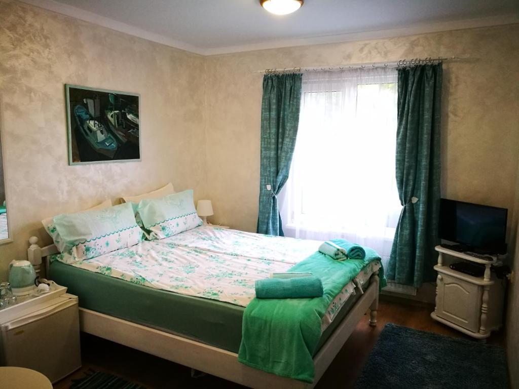 een slaapkamer met een bed, een raam en een televisie bij Hotel Paradise in Sofia