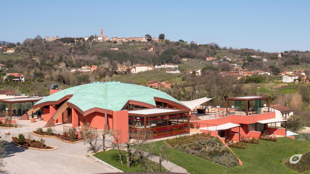 einen Blick über ein Gebäude mit einer grünen Kuppel in der Unterkunft Buonamico Wine Resort in Montecarlo