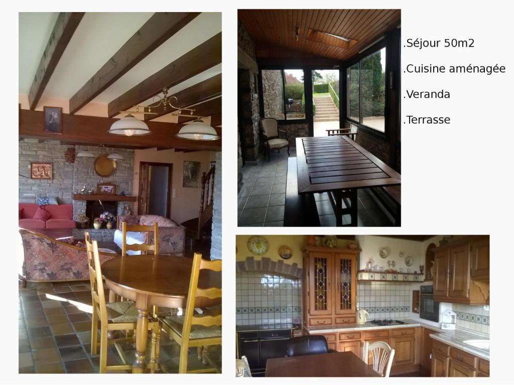 two pictures of a kitchen and a dining room at logoden in Paimpont
