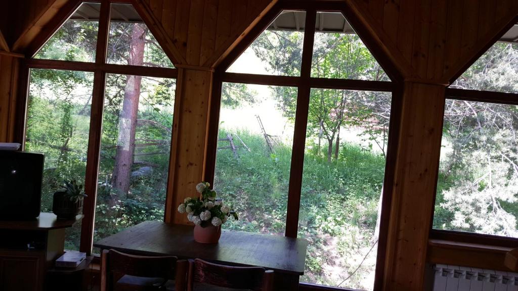 um quarto com uma mesa com um vaso de flores em Pandora em Mavrovo