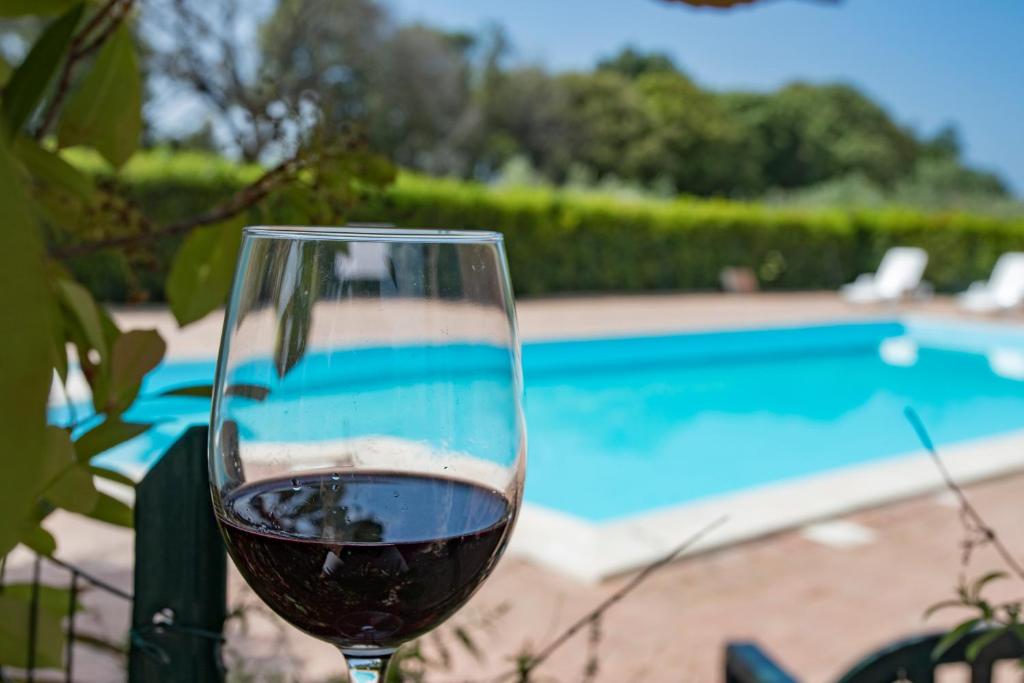 a glass of wine sitting next to a swimming pool at Tenuta De Fanti Agriturismo in Bibbona