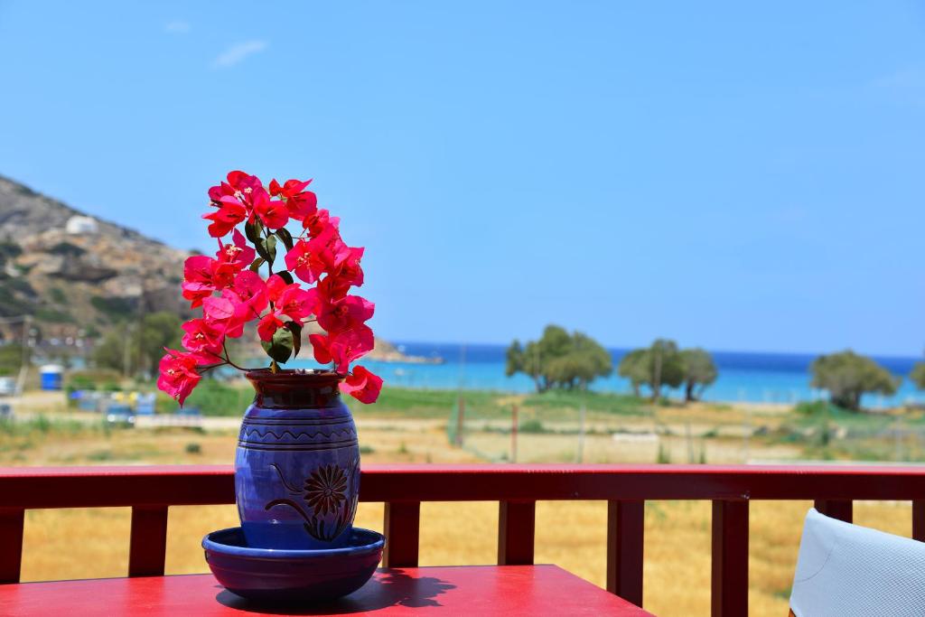 un vase bleu avec des fleurs rouges assises sur une table dans l'établissement Seagull Rooms, à Galissas