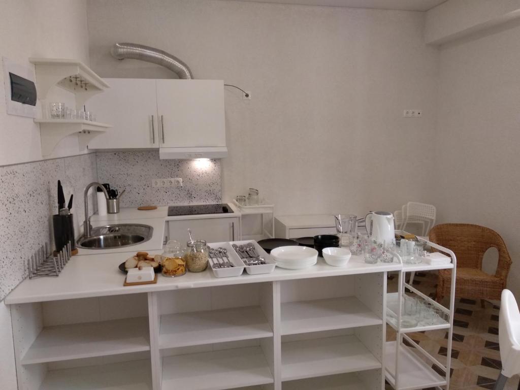 Kuchyň nebo kuchyňský kout v ubytování Apartments na Beregu