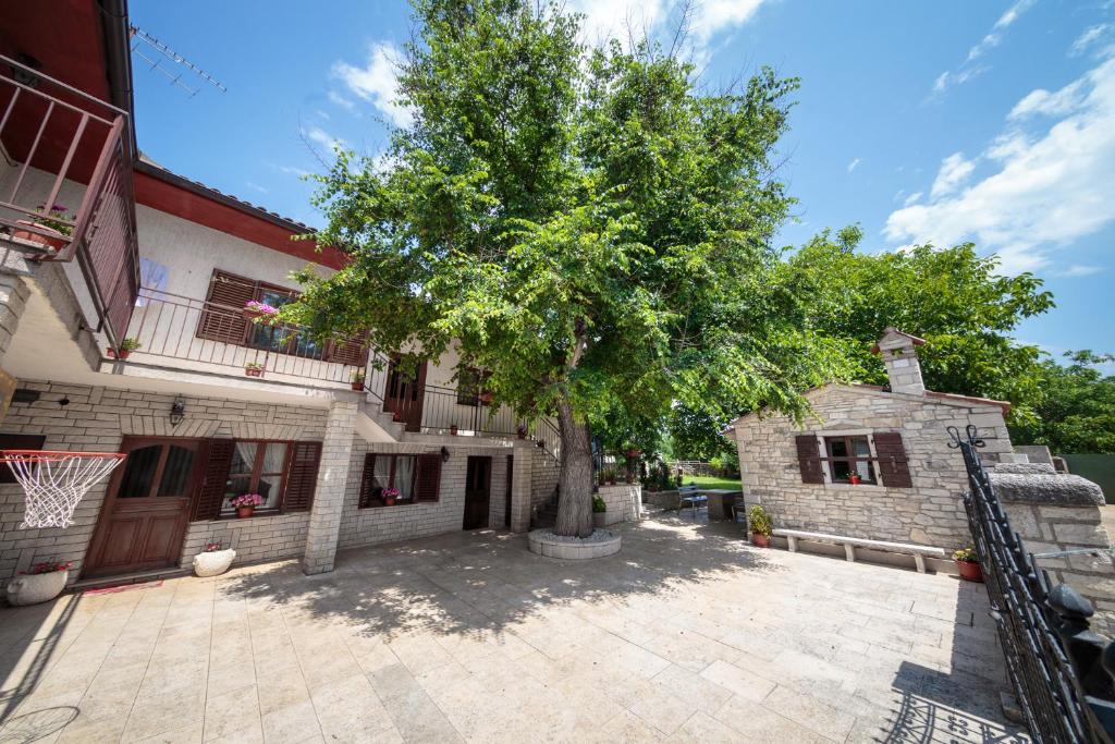 Apartments Mirjana 1655 في كانافانار: شجرة أمام مبنى به طوق لكرة السلة