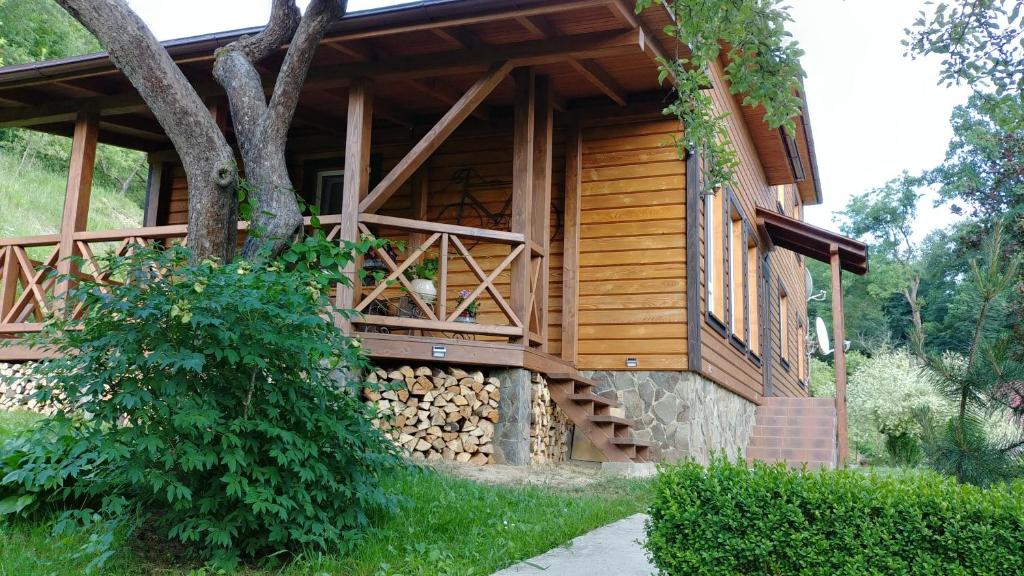 a log cabin with a staircase in front of it at Country House Kosiv in Kosiv