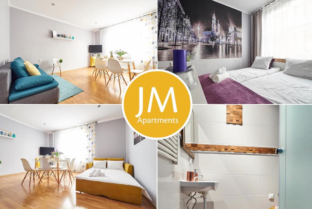 eine Collage mit Fotos von einem Schlafzimmer und einem Wohnzimmer in der Unterkunft JM Apartments zamieszkaj w Centrum in Krakau