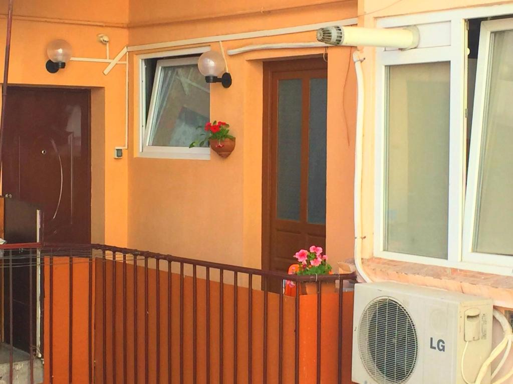 een huis met een deur en een raam met bloemen bij Studio Amzei in Boekarest