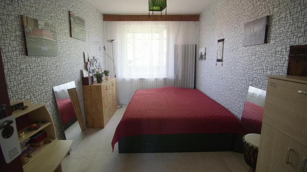 a bedroom with a red bed and a window at Nature lovers place in Varėna