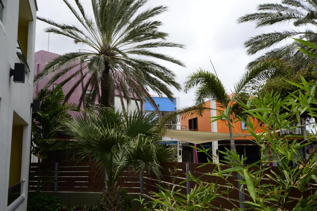 a group of palm trees in front of a building at Quints Travelers Inn in Willemstad