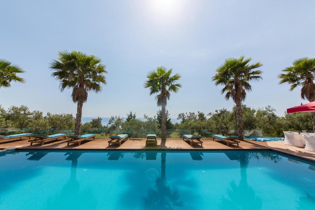 a swimming pool with palm trees in the background at Hildon Villas in Dhërmi