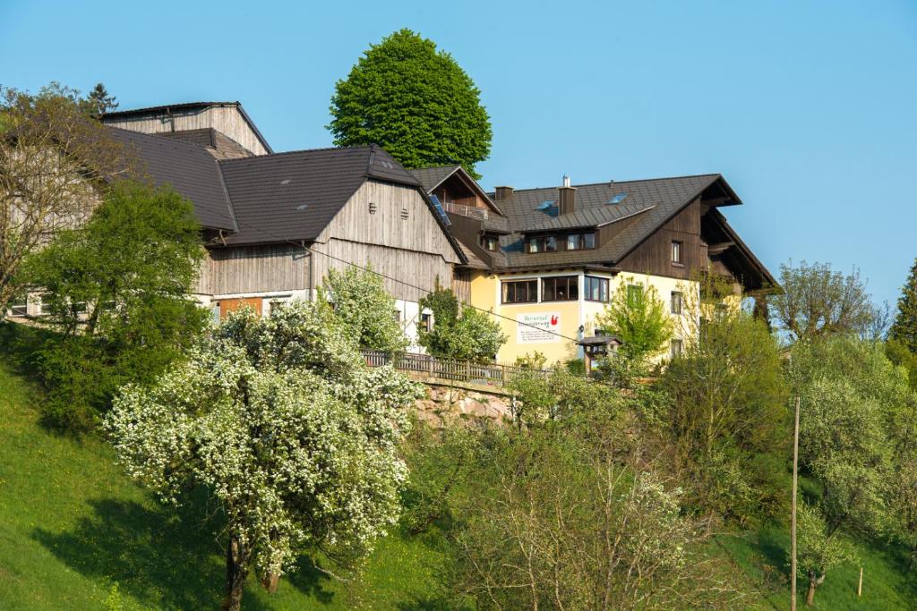 ein Haus auf einem Hügel mit Bäumen in der Unterkunft Ferienhof Schneiderweg in Laussa