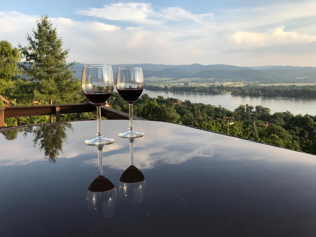 zwei Gläser Wein auf dem Tisch in der Unterkunft Orchidea Vendégház - Zebegény in Zebegény