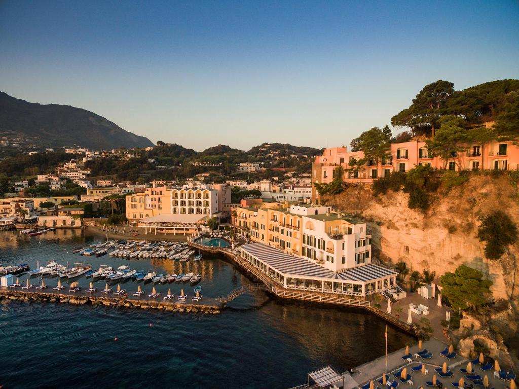 an aerial view of a harbor with boats in the water at Regina Isabella-Resort Spa Restaurant in Ischia