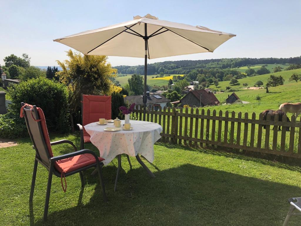 einen Tisch und Stühle mit Sonnenschirm im Hof in der Unterkunft Ferienwohnung Anita in Michelstadt