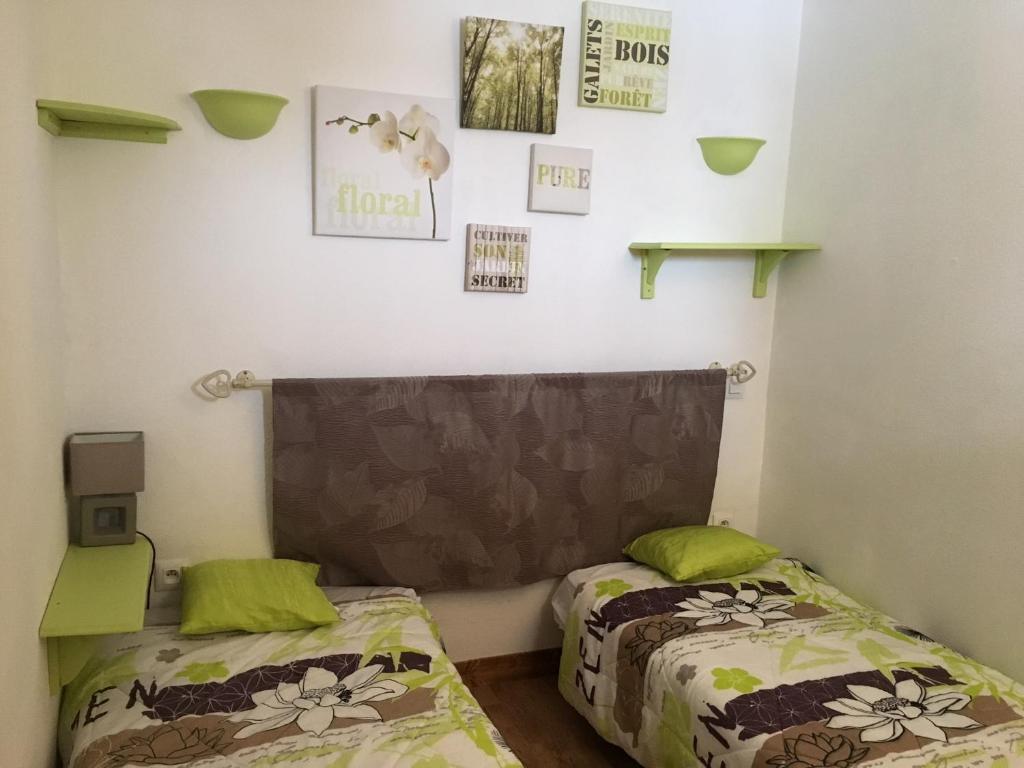 ラ・ジュー・デュ・ルーにあるLes Monts du soleil, La joue du loupの緑の枕が備わる小さな部屋のベッド2台