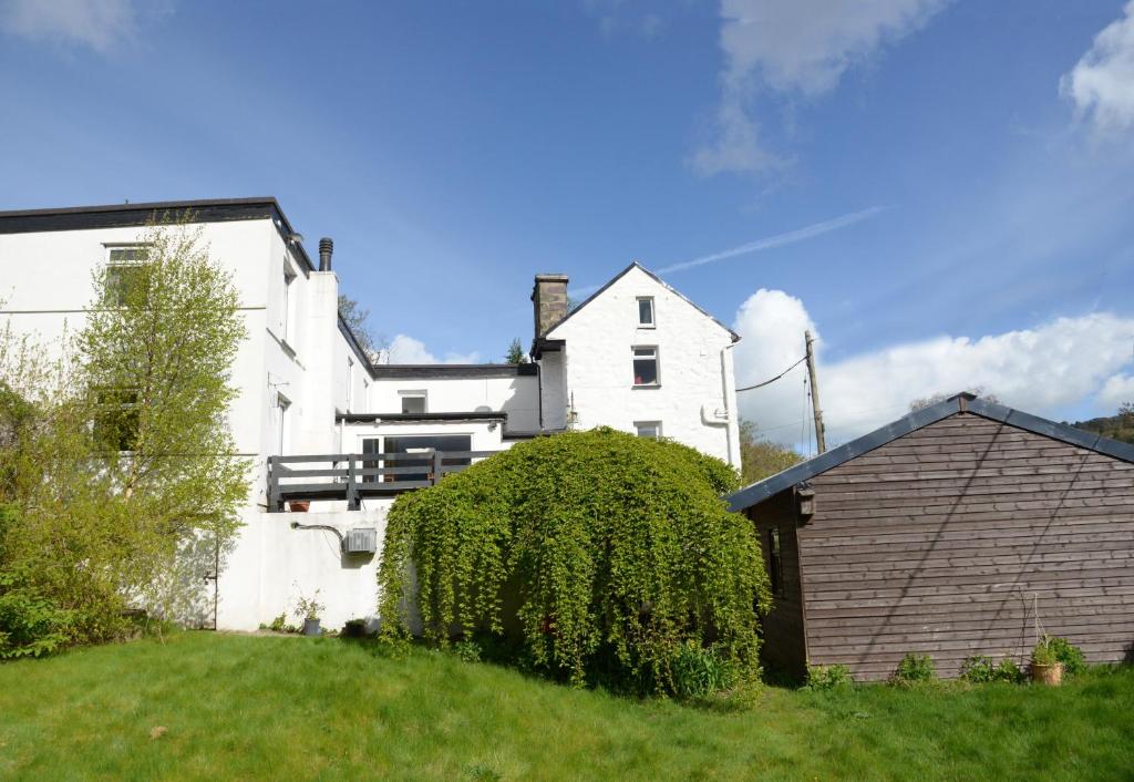 a white house with a large bush in front of it at Gallt y Glyn Hostel in Llanberis