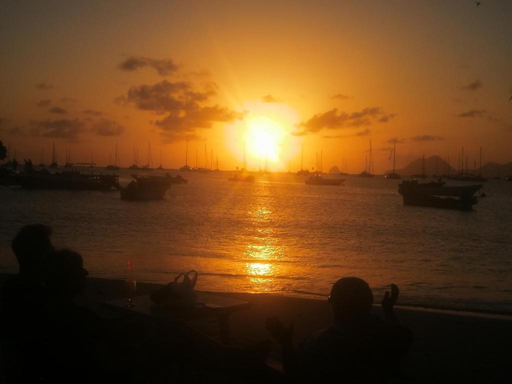 a group of people sitting on the beach watching the sunset at Ste Anne Martinique Studio bord de mer Résidence Anse Caritan in Sainte-Anne