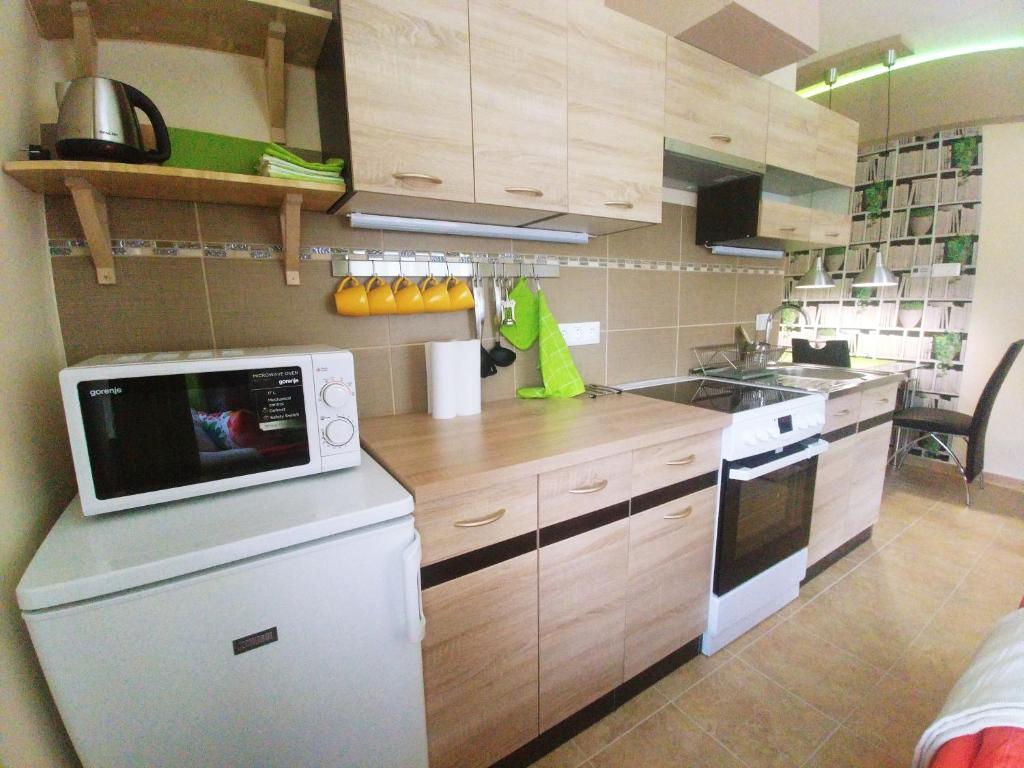 Kuchyň nebo kuchyňský kout v ubytování Sarok Apartmanház