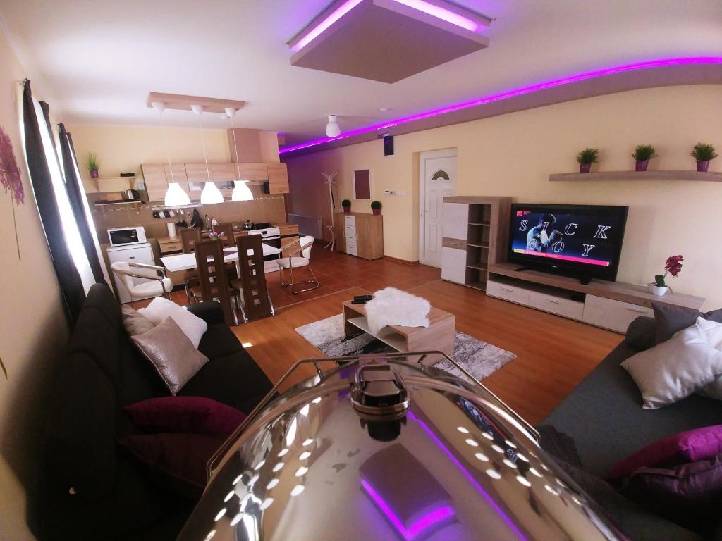 a living room with a couch and a tv and a kitchen at Sarok Apartmanház in Makó