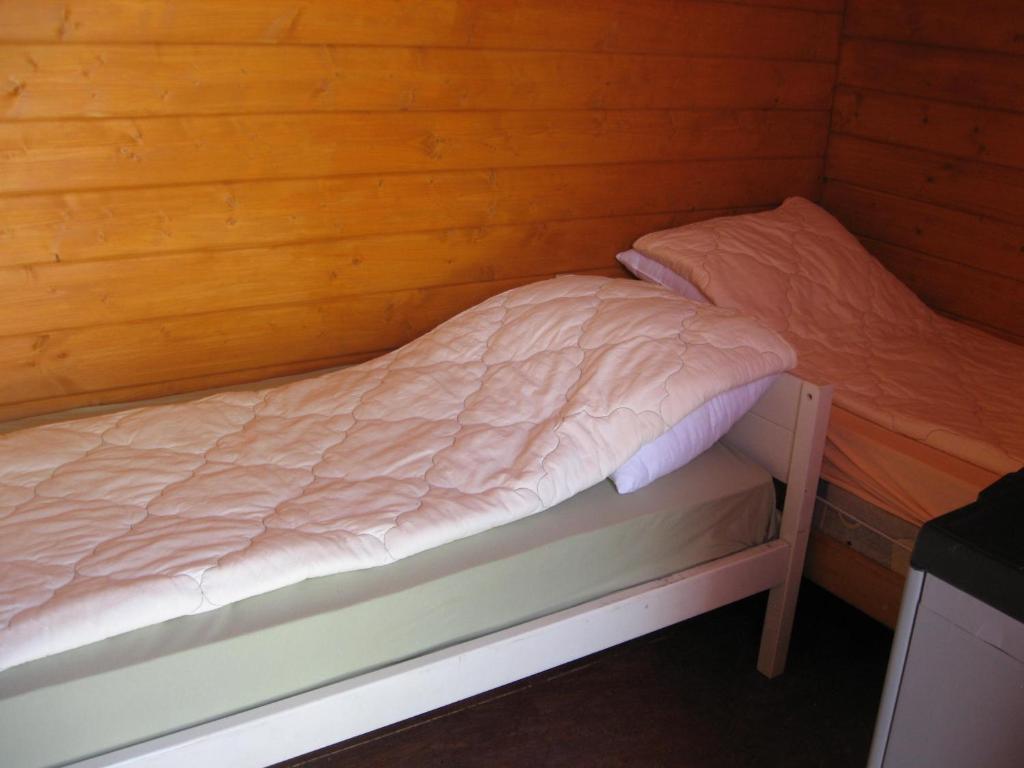 a twin bed in a room with wooden walls at Hostel Trajan in Donji Milanovac