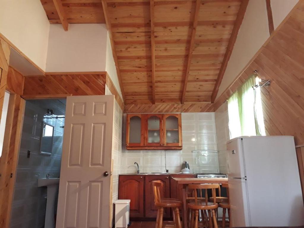 a kitchen with a white refrigerator and wooden ceilings at Cabañas y Tinajas Borde río in Licán Ray