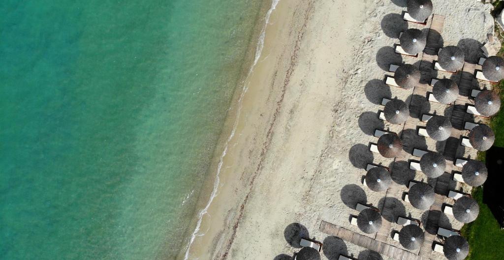 an overhead view of the beach and the ocean at Olympion Sunset Halkidiki in Fourka