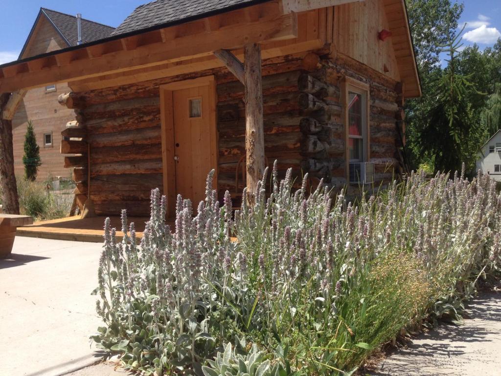 a field of lavender in front of a log cabin at Cooper's Cabin at The Osborne in Spring City